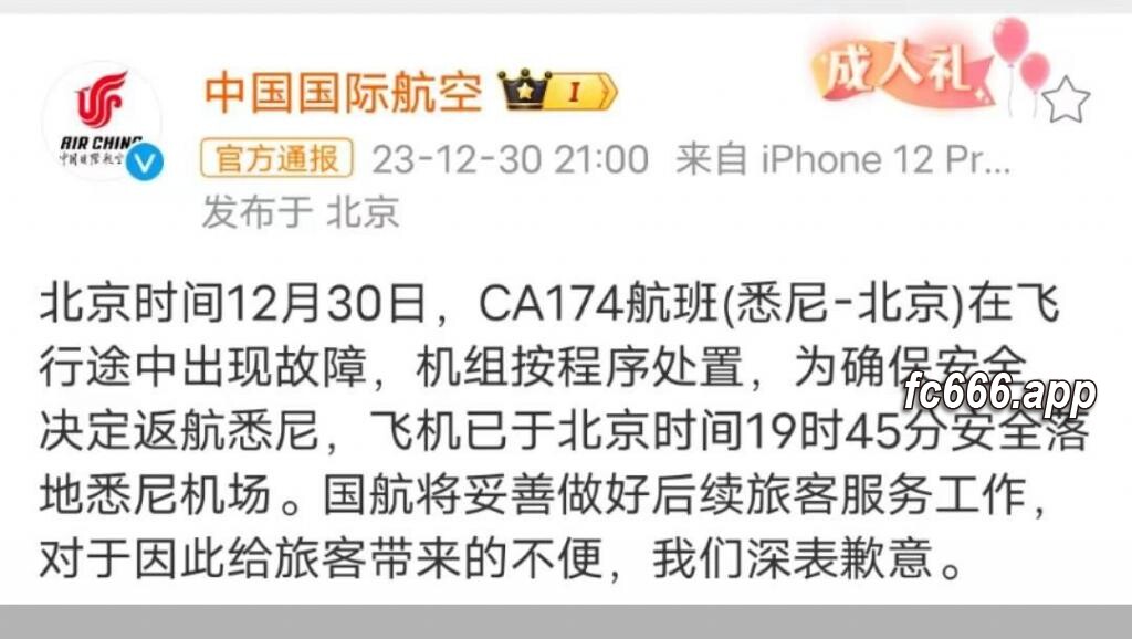 2023123121 国航航班返航悉尼机场 维修故障引公众关注
